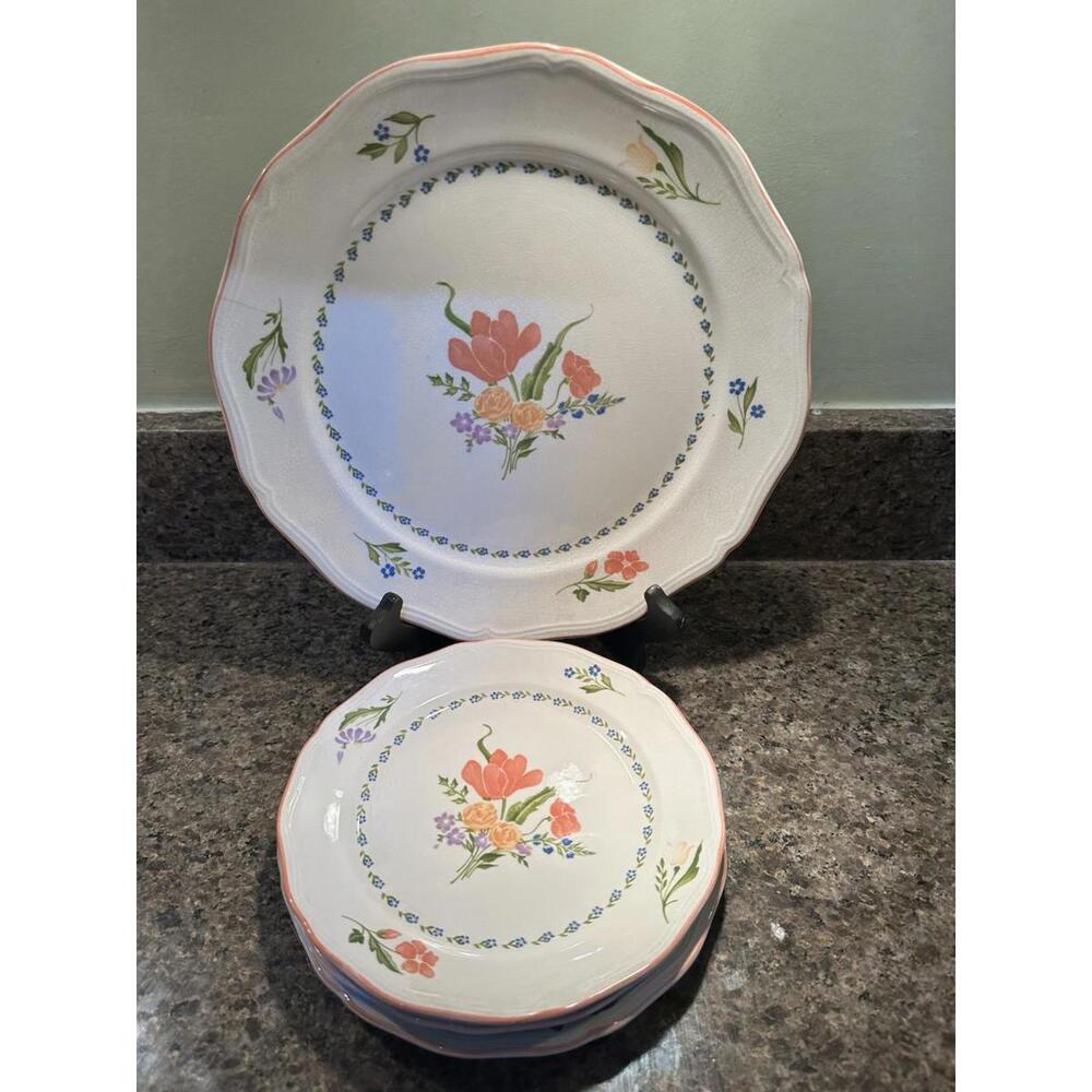 Sango Country French Salad & Dinner Plates Dijon Inner Blue Floral Ring Set Of 3